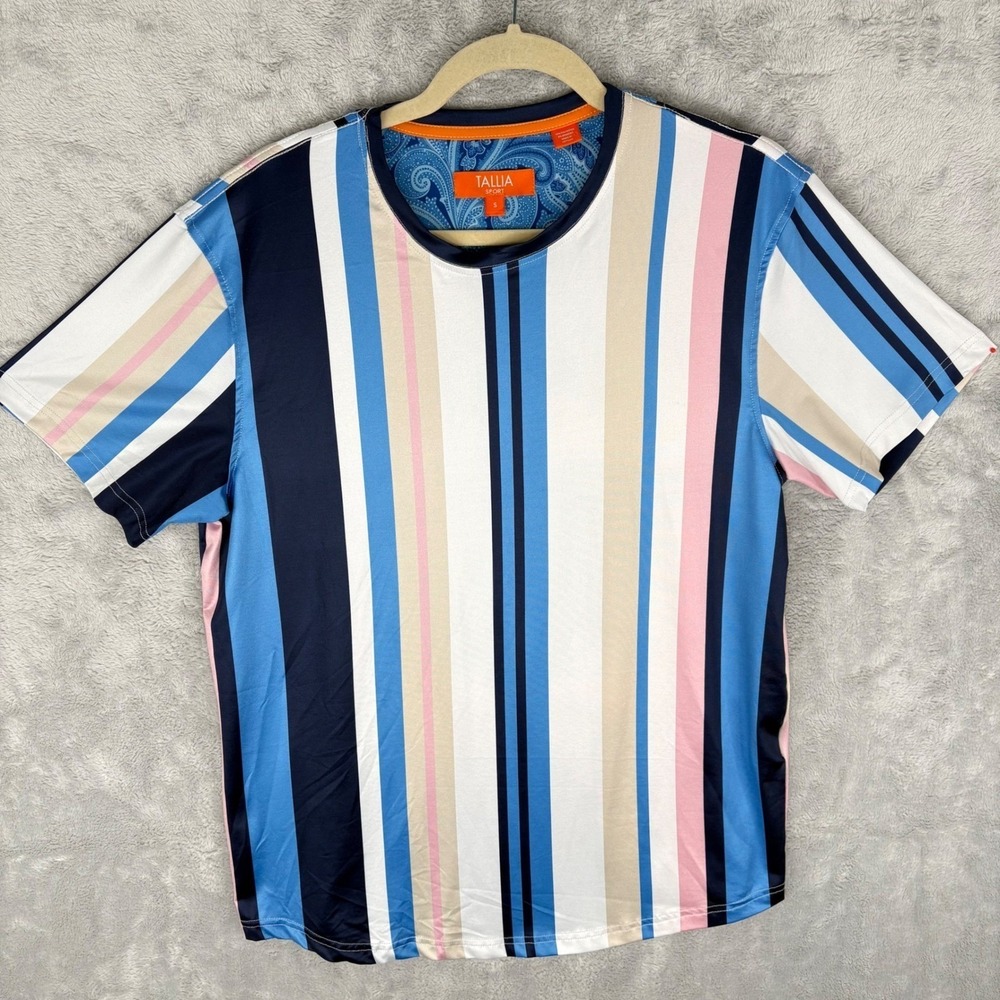 Tallia Sport Men's Striped Crew Neck T-Shirt Casual Retro Modern Pink Navy Small